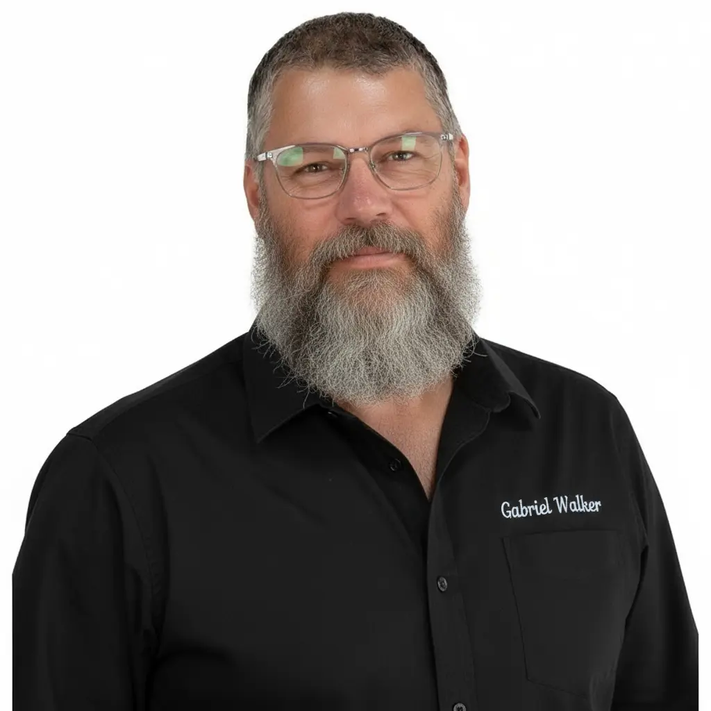 Gabriel Walker, owner of Walker Air Co., wearing black company shirt with his name embroidered