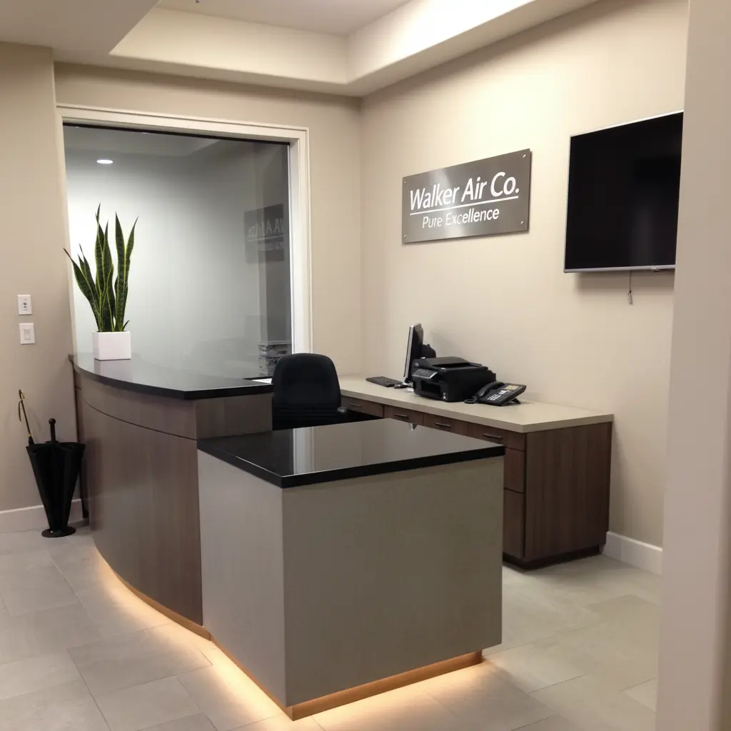 Walker Air Co. modern office reception area at 1560 Wilson Blvd, Arlington, VA with company signage